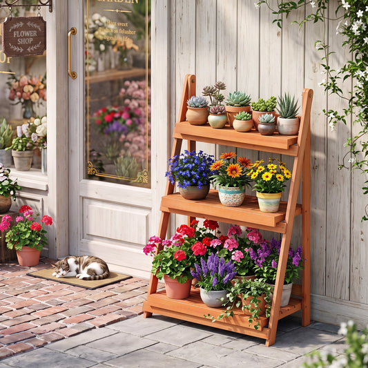 3-Tier Foldable Plant Stand, Slatted Shelves, Fir Wood Frame, Orange Plant Stands Orange at Gallery Canada