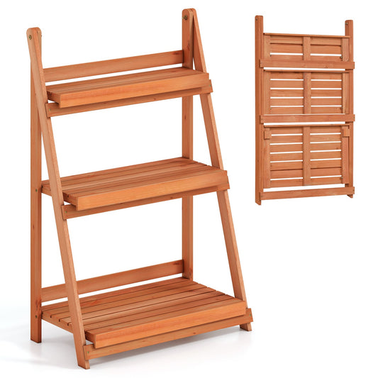 3-Tier Foldable Plant Stand, Slatted Shelves, Fir Wood Frame, Orange Plant Stands Orange at Gallery Canada