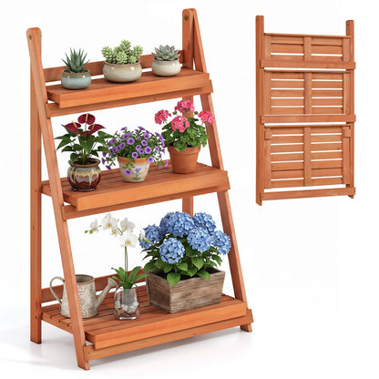 3-Tier Foldable Plant Stand, Slatted Shelves, Fir Wood Frame, Orange