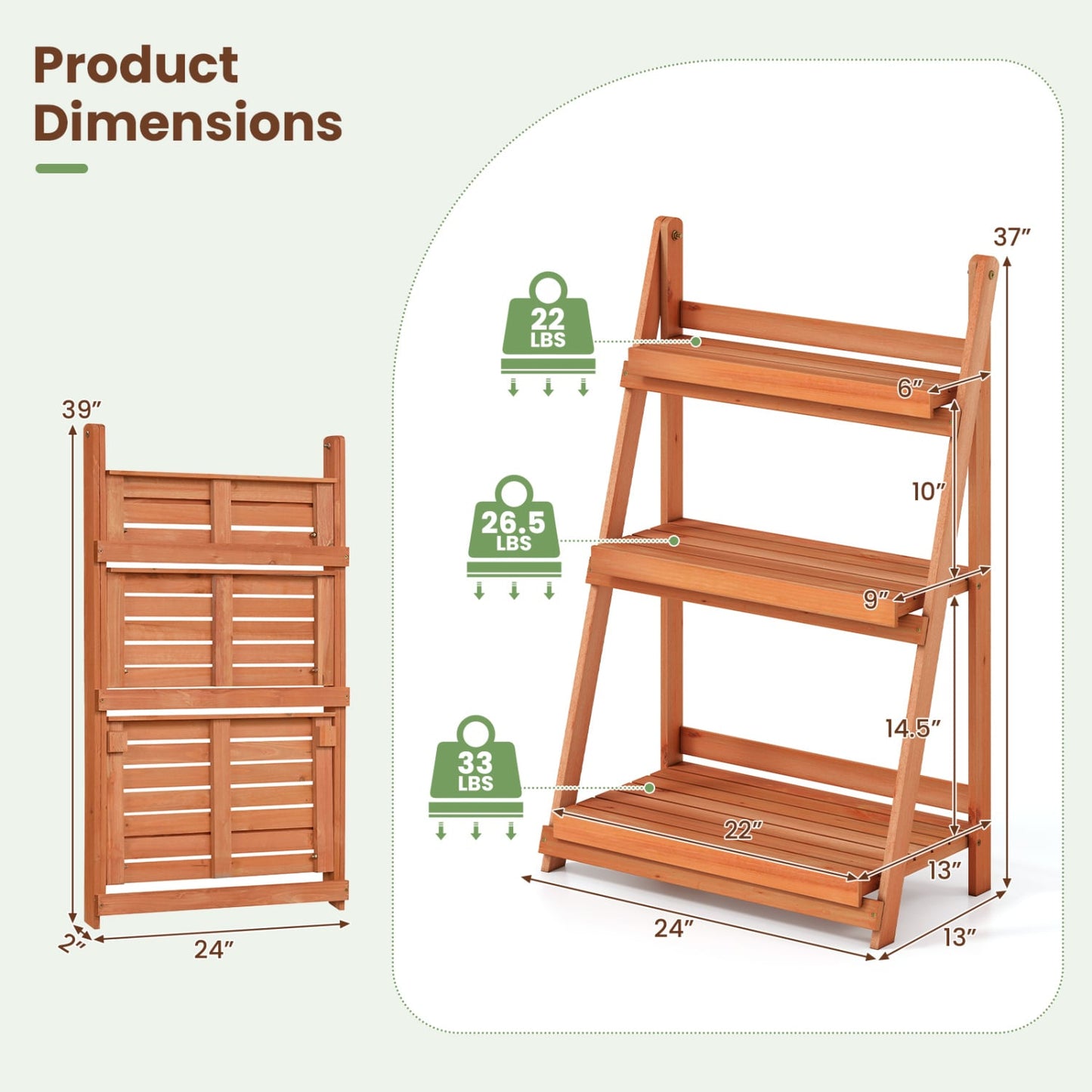 3-Tier Foldable Plant Stand, Slatted Shelves, Fir Wood Frame, Orange