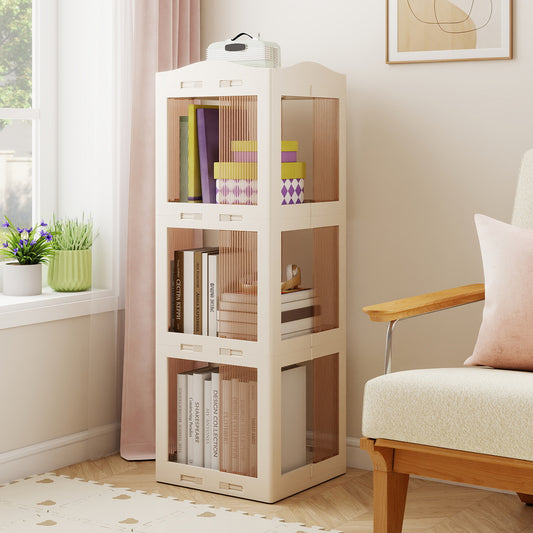 3-Tier Foldable Rotating Bookshelf with Swivel Base and Translucent Panels, White Bookcases White at Gallery Canada