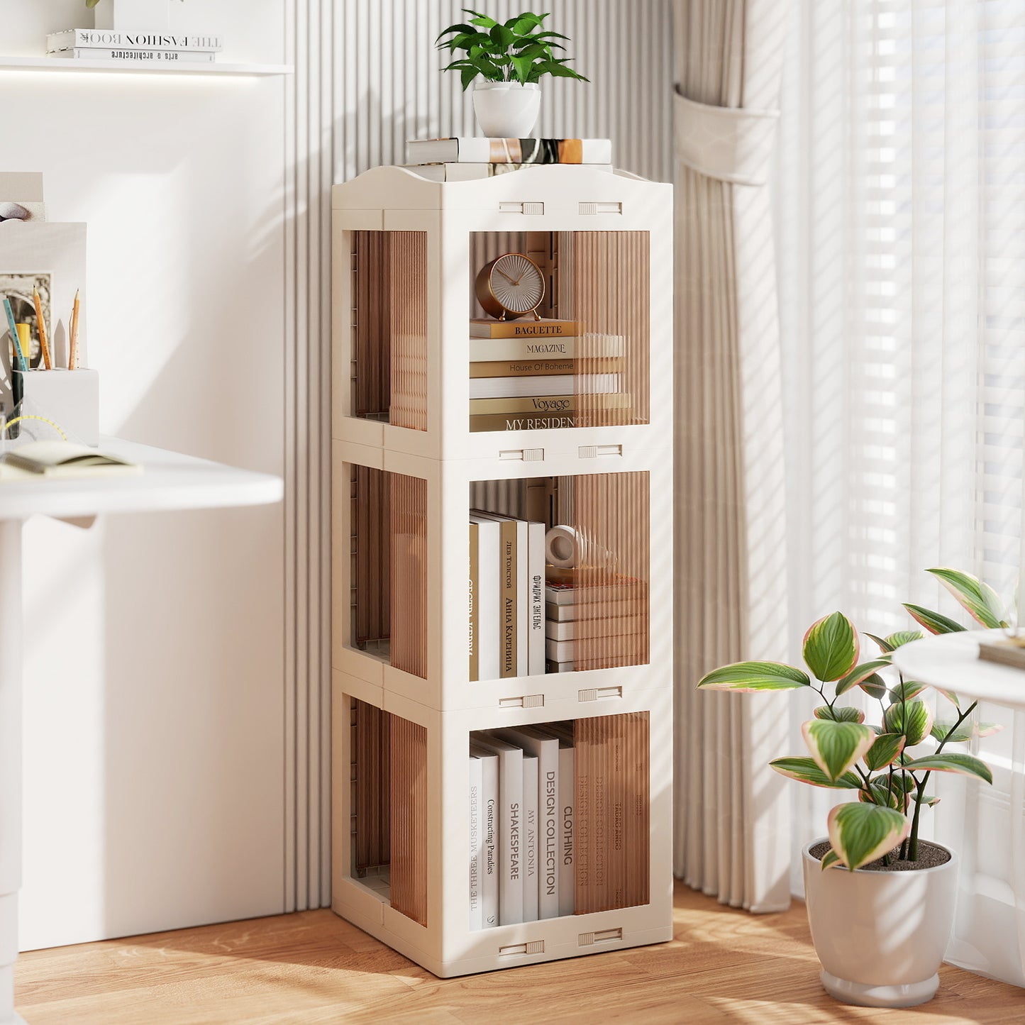 3-Tier Foldable Rotating Bookshelf with Swivel Base and Translucent Panels, White Bookcases at Gallery Canada
