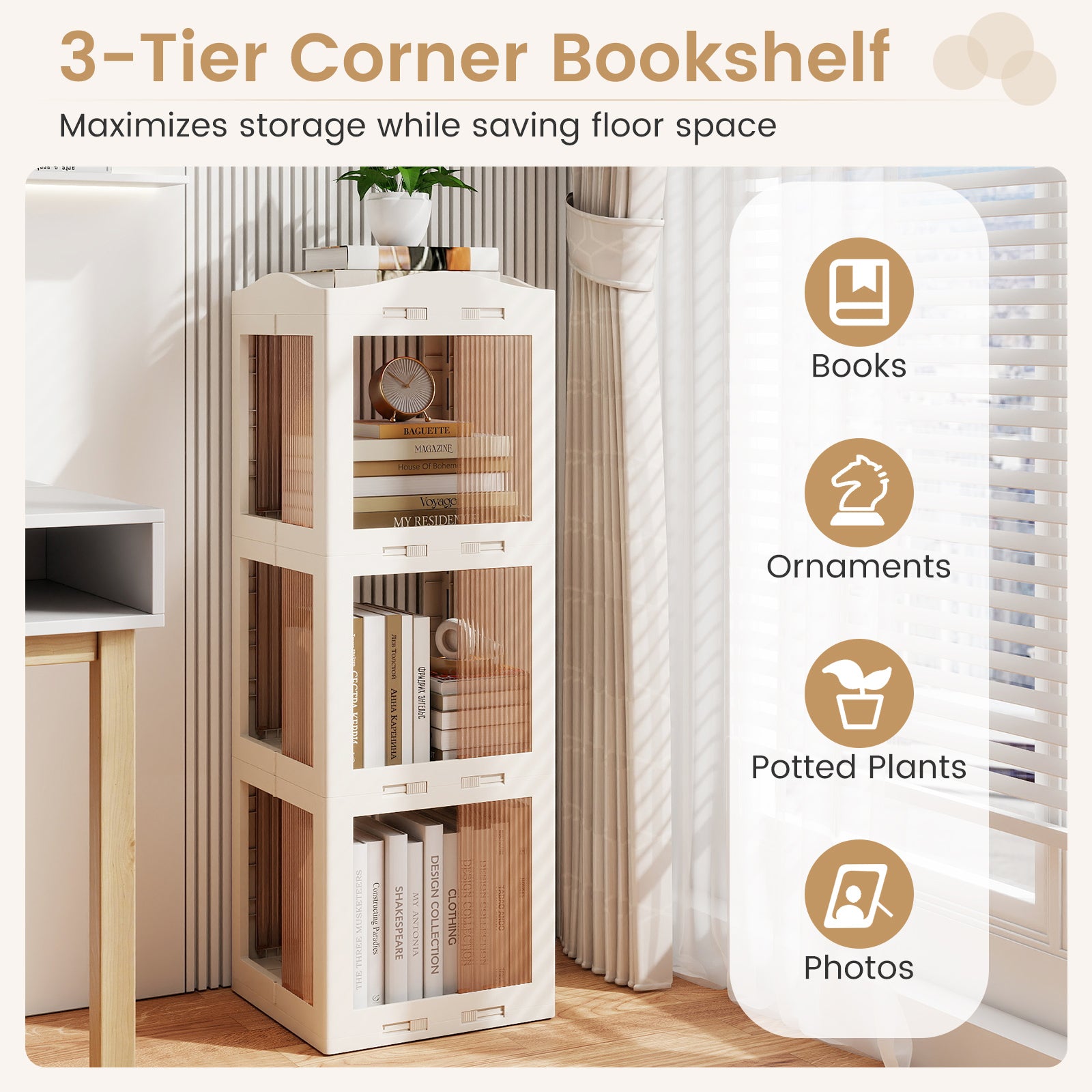3-Tier Foldable Rotating Bookshelf with Swivel Base and Translucent Panels, White Bookcases at Gallery Canada