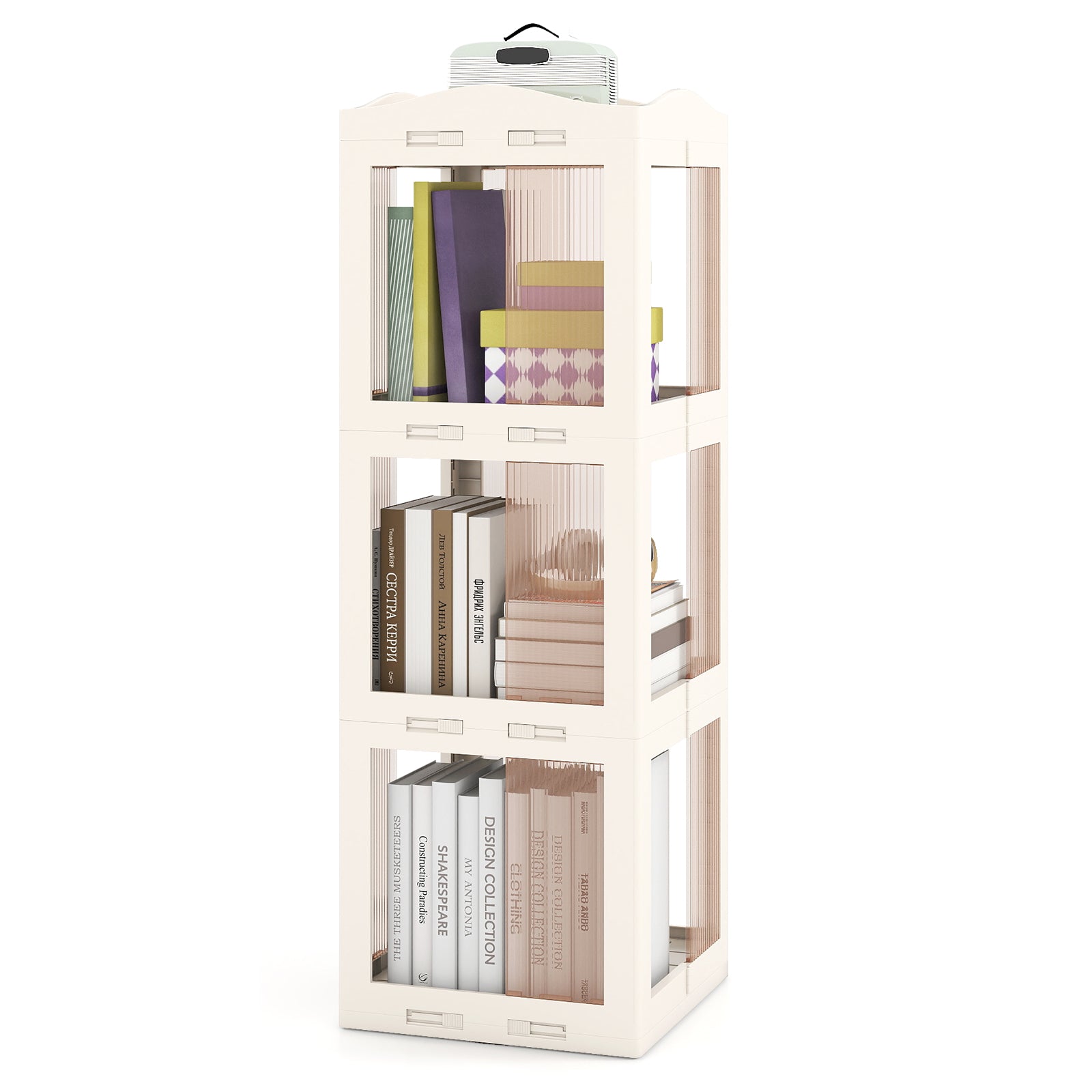3-Tier Foldable Rotating Bookshelf with Swivel Base and Translucent Panels, White Bookcases at Gallery Canada