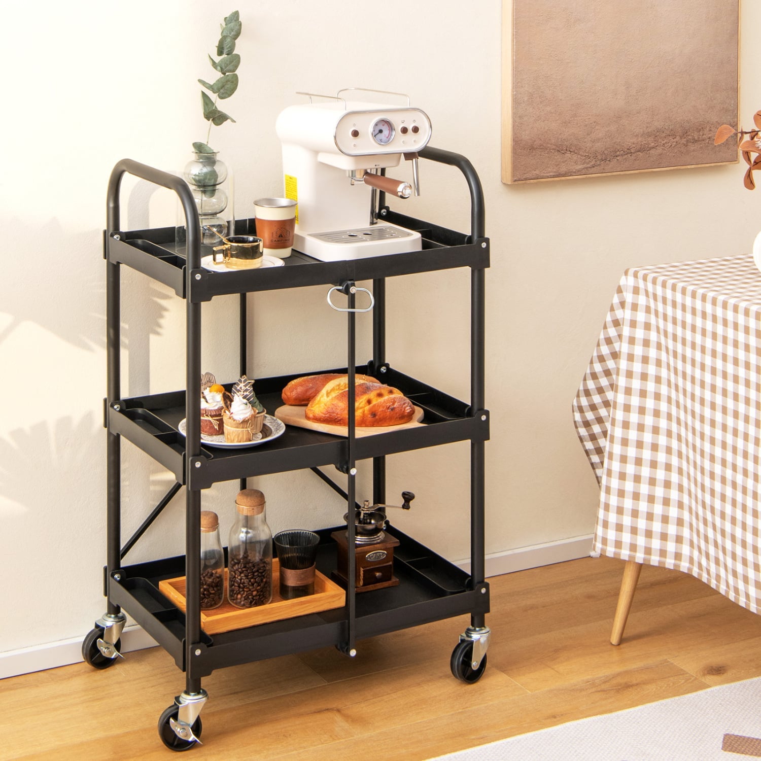 3-Tier Folding Trolley Cart With Universal Wheels, Black Garages at Gallery Canada