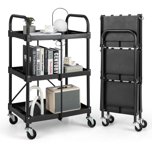 3-Tier Folding Trolley Cart With Universal Wheels, Black