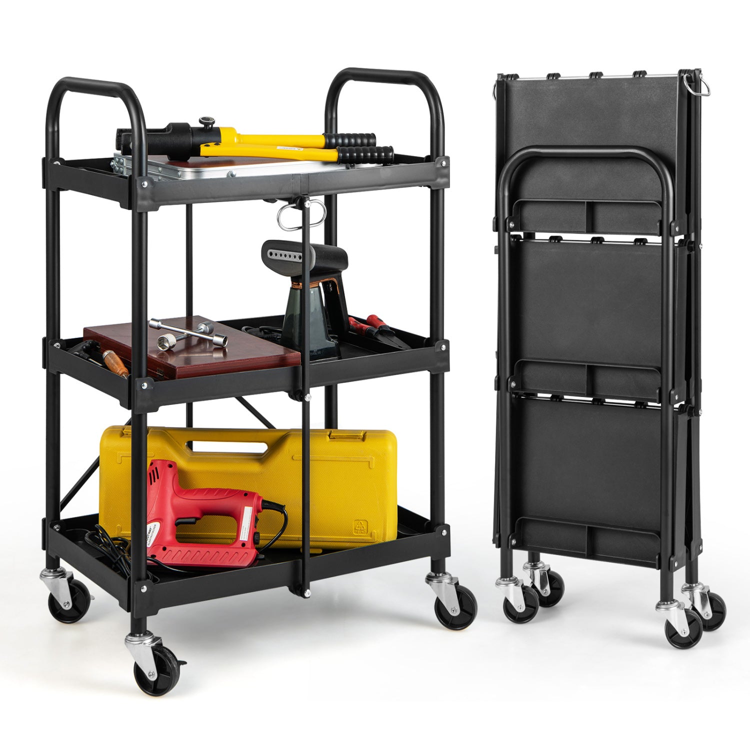 3-Tier Folding Trolley Cart With Universal Wheels, Black Garages at Gallery Canada