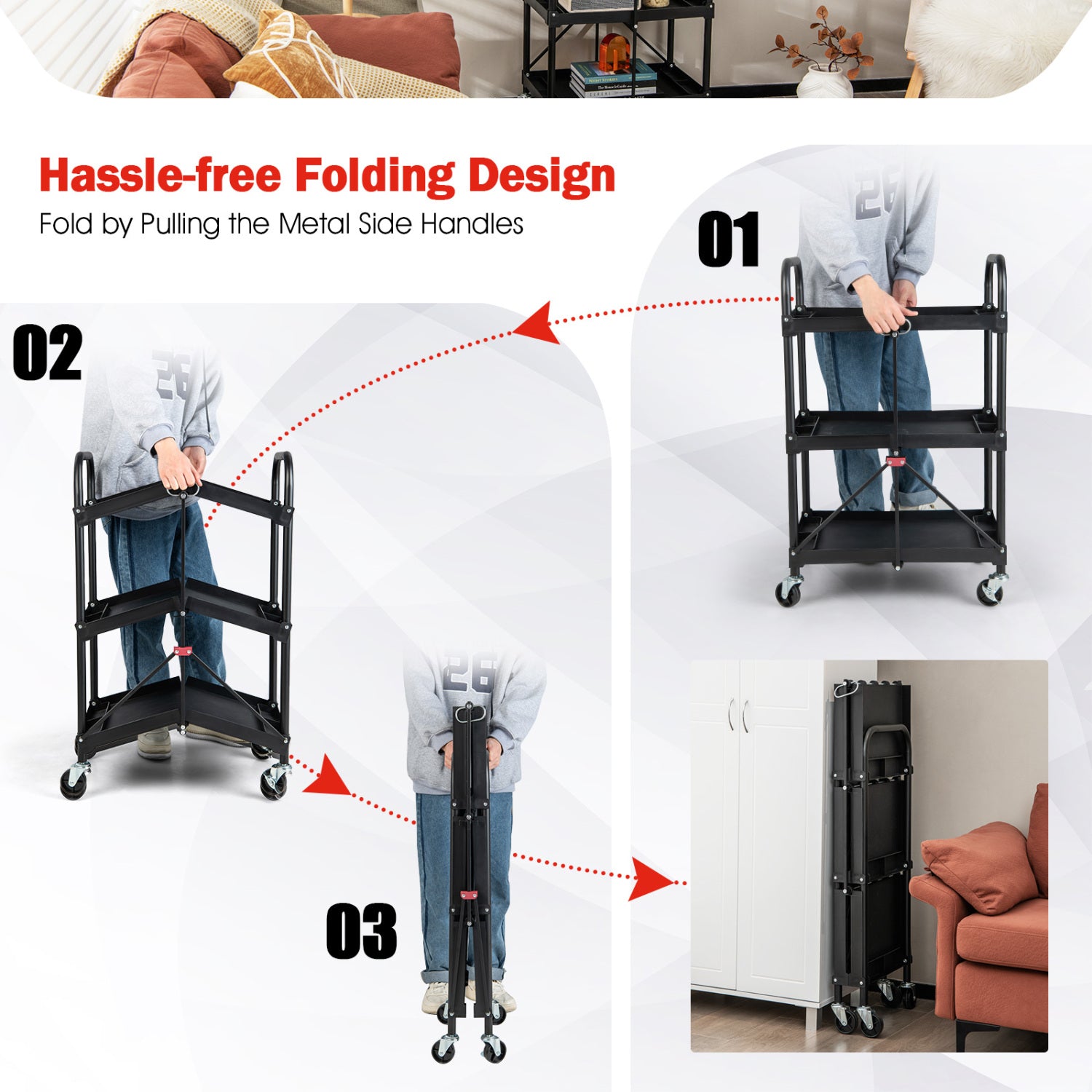 3-Tier Folding Trolley Cart With Universal Wheels, Black Garages at Gallery Canada