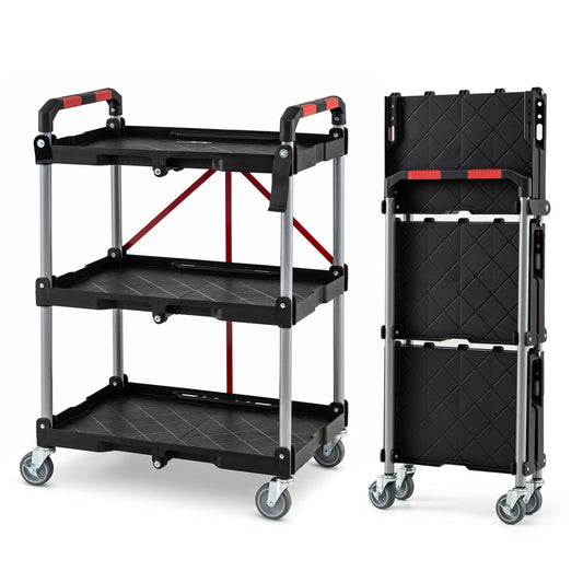 3-Tier Folding Utility Cart, Swivel Wheels, Brakes, Black Kitchen Islands & Carts Black at Gallery Canada