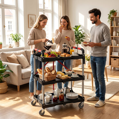 3-Tier Folding Utility Cart, Swivel Wheels, Brakes, Black