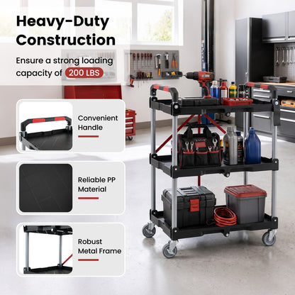 3-Tier Folding Utility Cart, Swivel Wheels, Brakes, Black