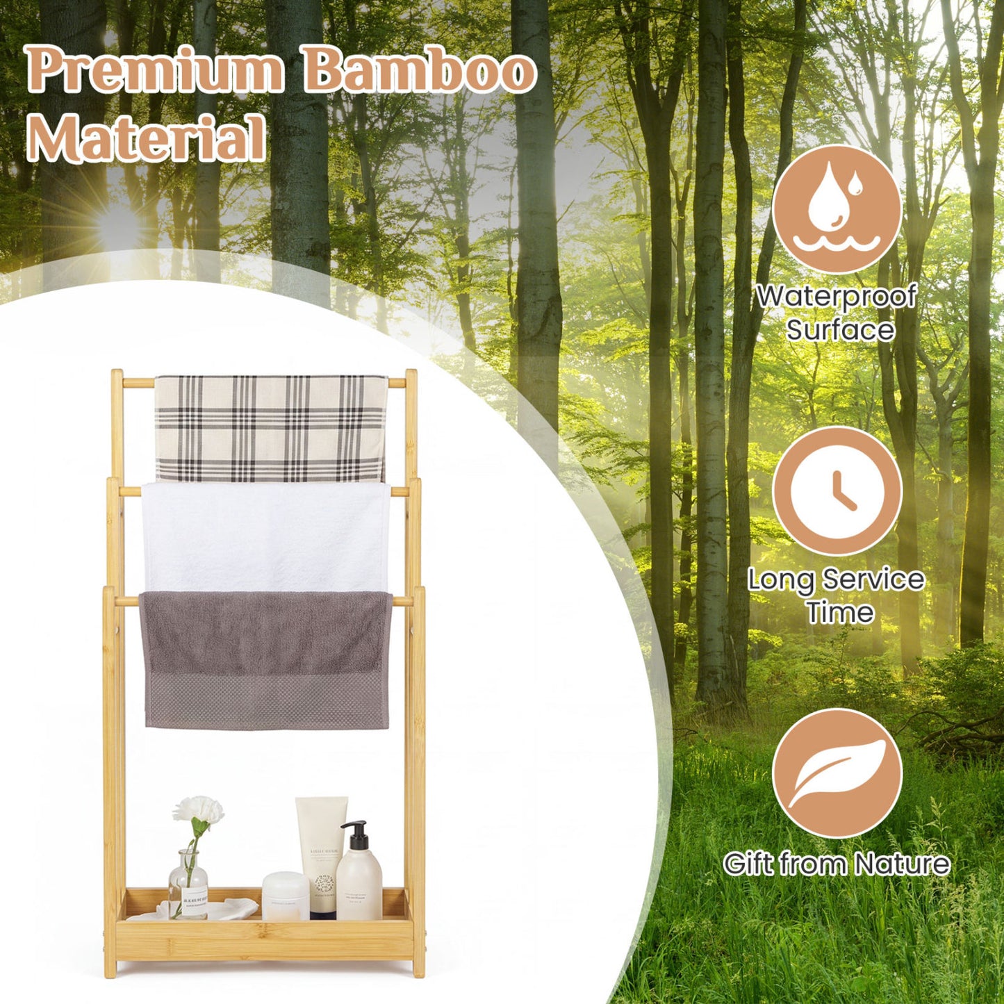 3-Tier Bamboo Towel Rack With Storage Shelf, Natural