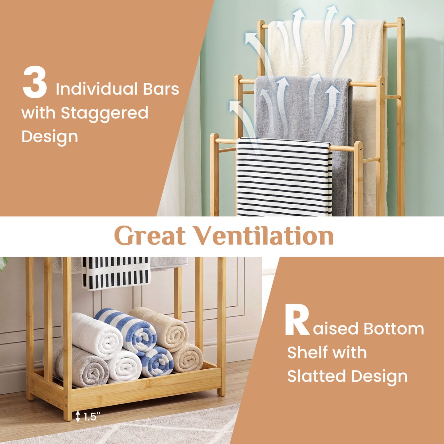 3-Tier Bamboo Towel Rack With Storage Shelf, Natural