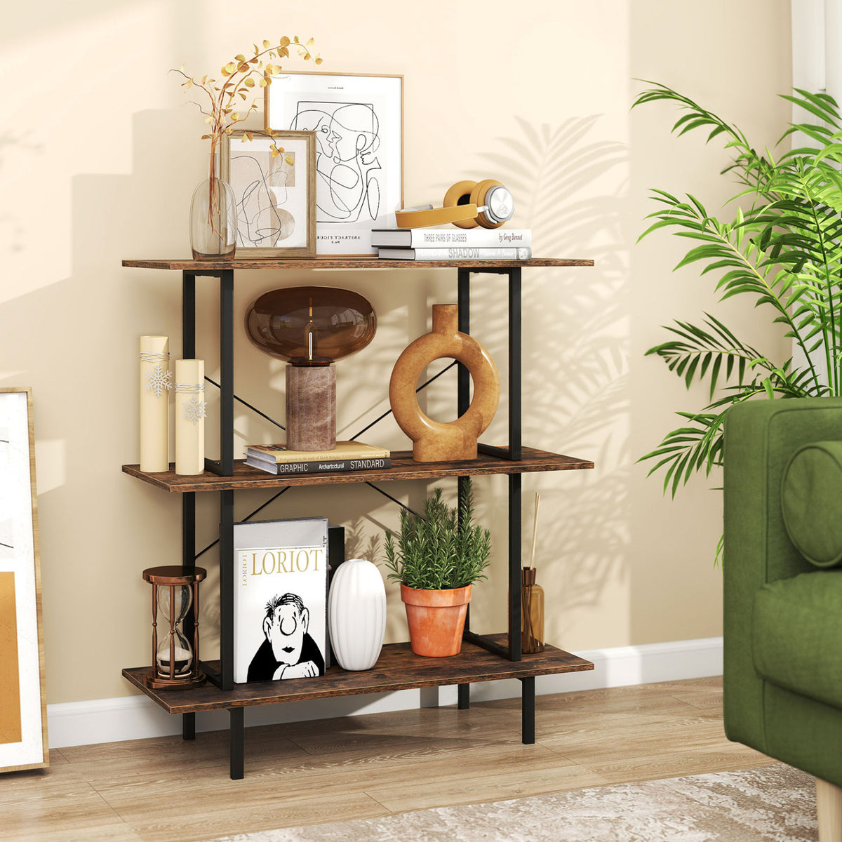 3-Tier Freestanding Bookshelf, Open Shelves, Metal Frame, Rustic Brown