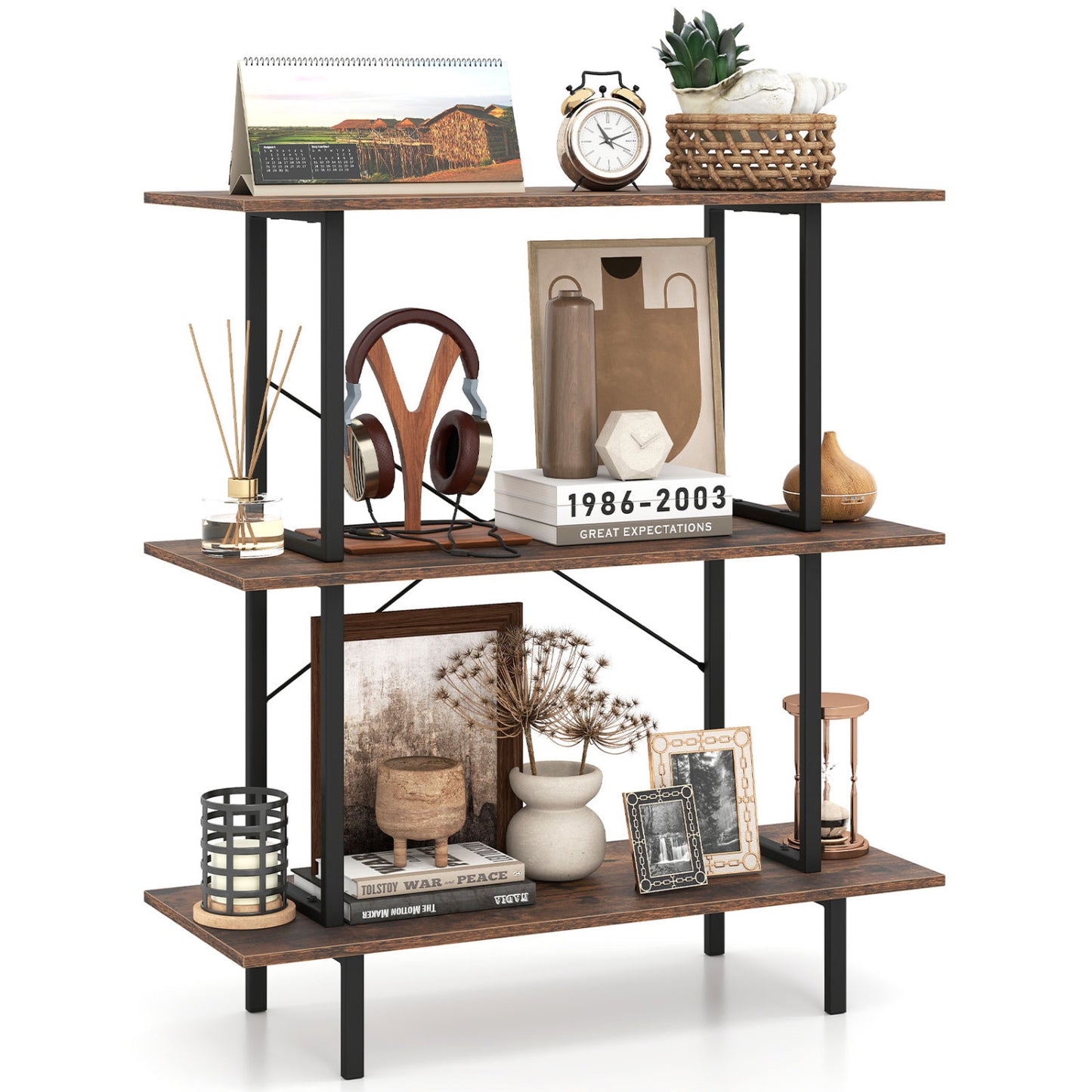 3-Tier Freestanding Bookshelf, Open Shelves, Metal Frame, Rustic Brown