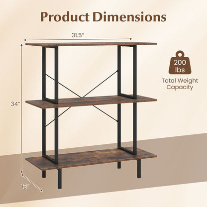 3-Tier Freestanding Bookshelf, Open Shelves, Metal Frame, Rustic Brown