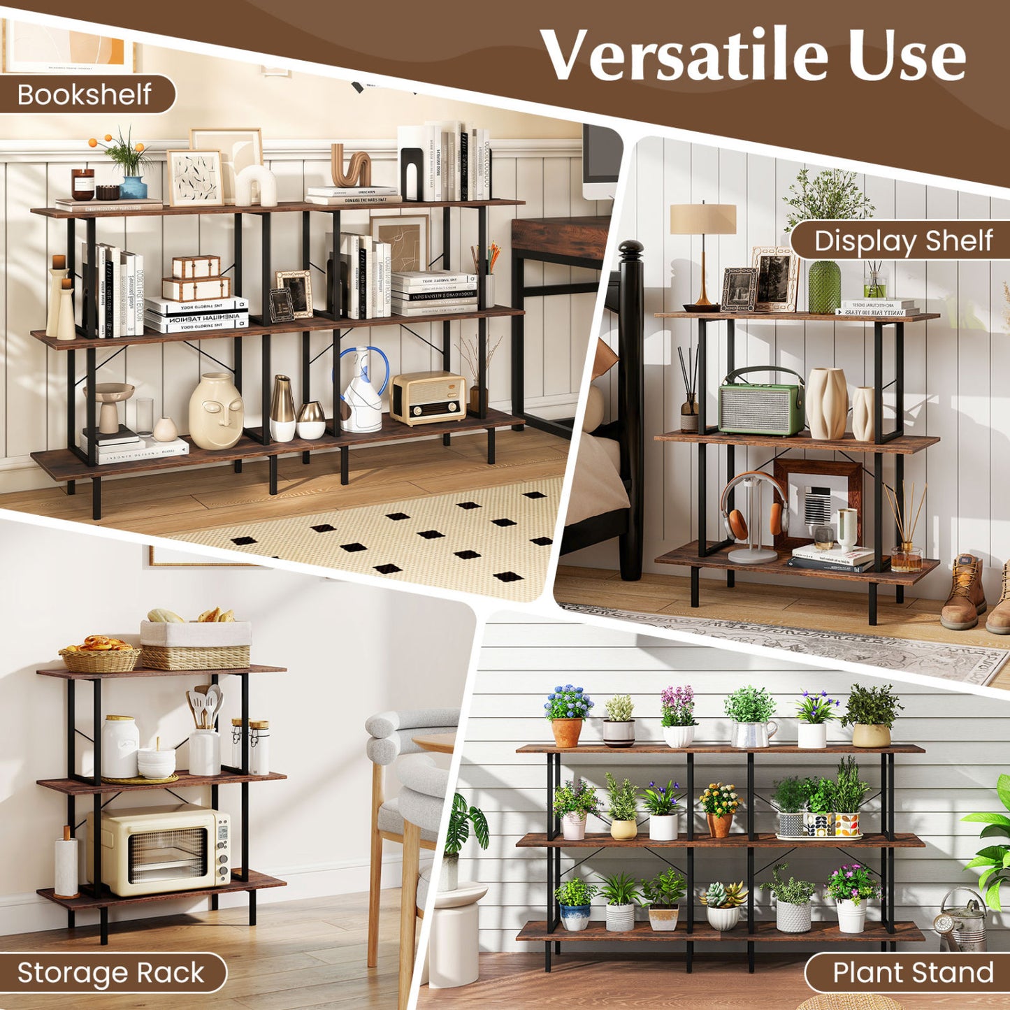 3-Tier Freestanding Bookshelf, Open Shelves, Metal Frame, Rustic Brown