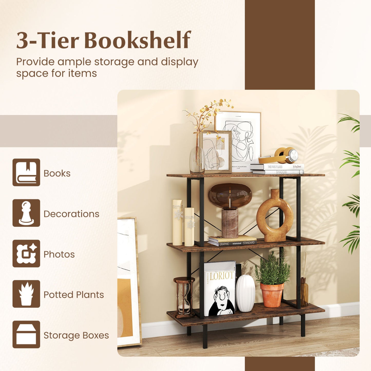 3-Tier Freestanding Bookshelf, Open Shelves, Metal Frame, Rustic Brown