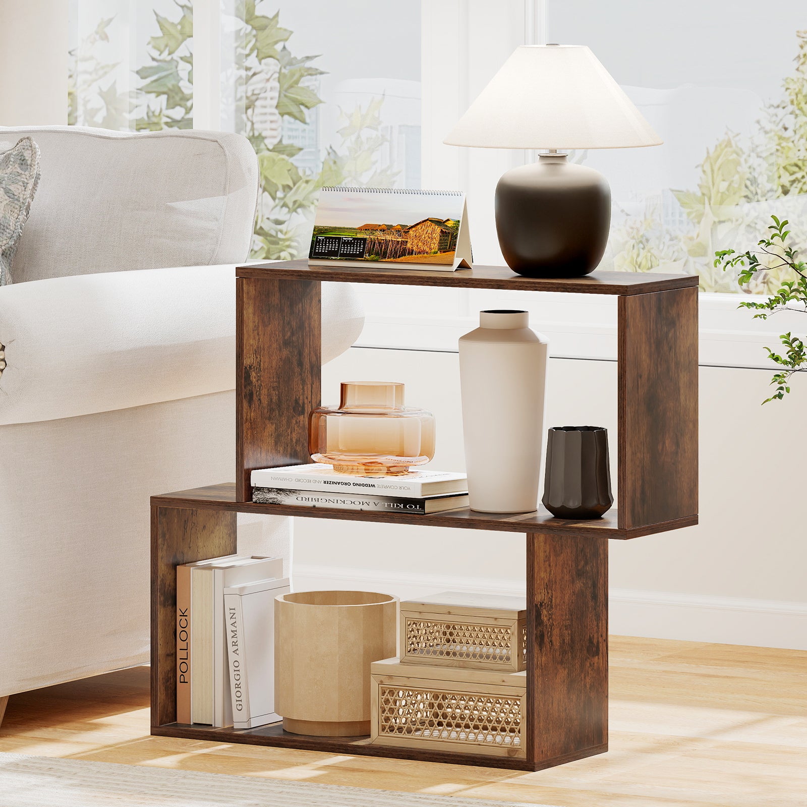 3-Tier Geometric Bookshelf with 2 Cubic Compartments, Brown Bookcases at Gallery Canada
