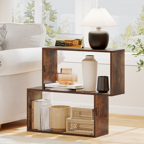 3-Tier Geometric Bookshelf with 2 Cubic Compartments, Brown