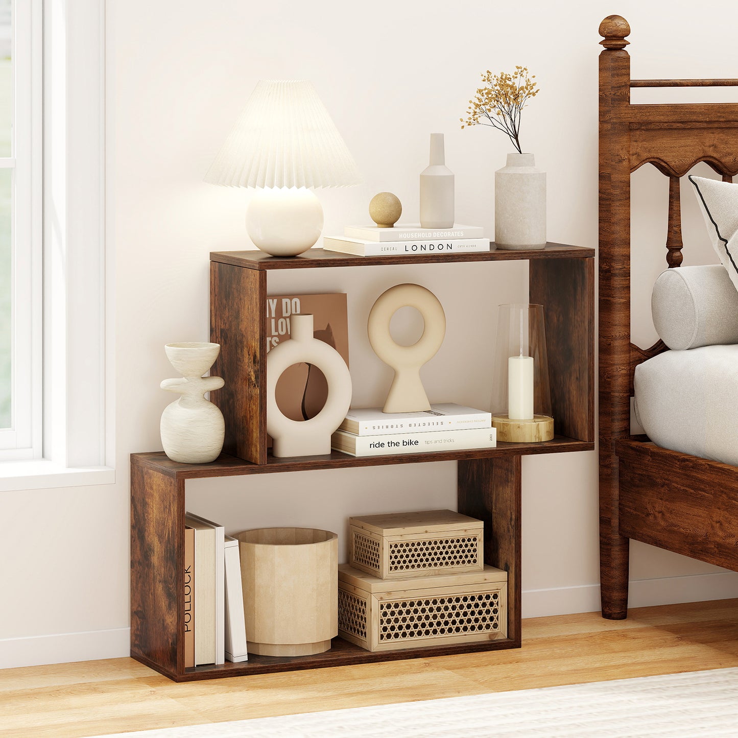 3-Tier Geometric Bookshelf with 2 Cubic Compartments, Brown Bookcases at Gallery Canada