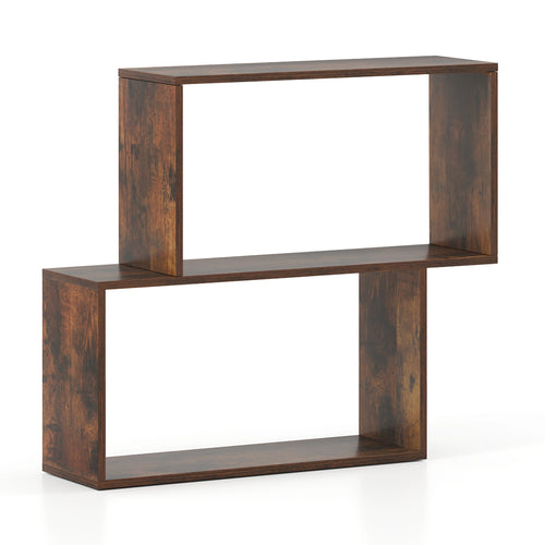 3-Tier Geometric Bookshelf with 2 Cubic Compartments, Brown