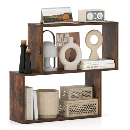 3-Tier Geometric Bookshelf with 2 Cubic Compartments, Brown Bookcases at Gallery Canada