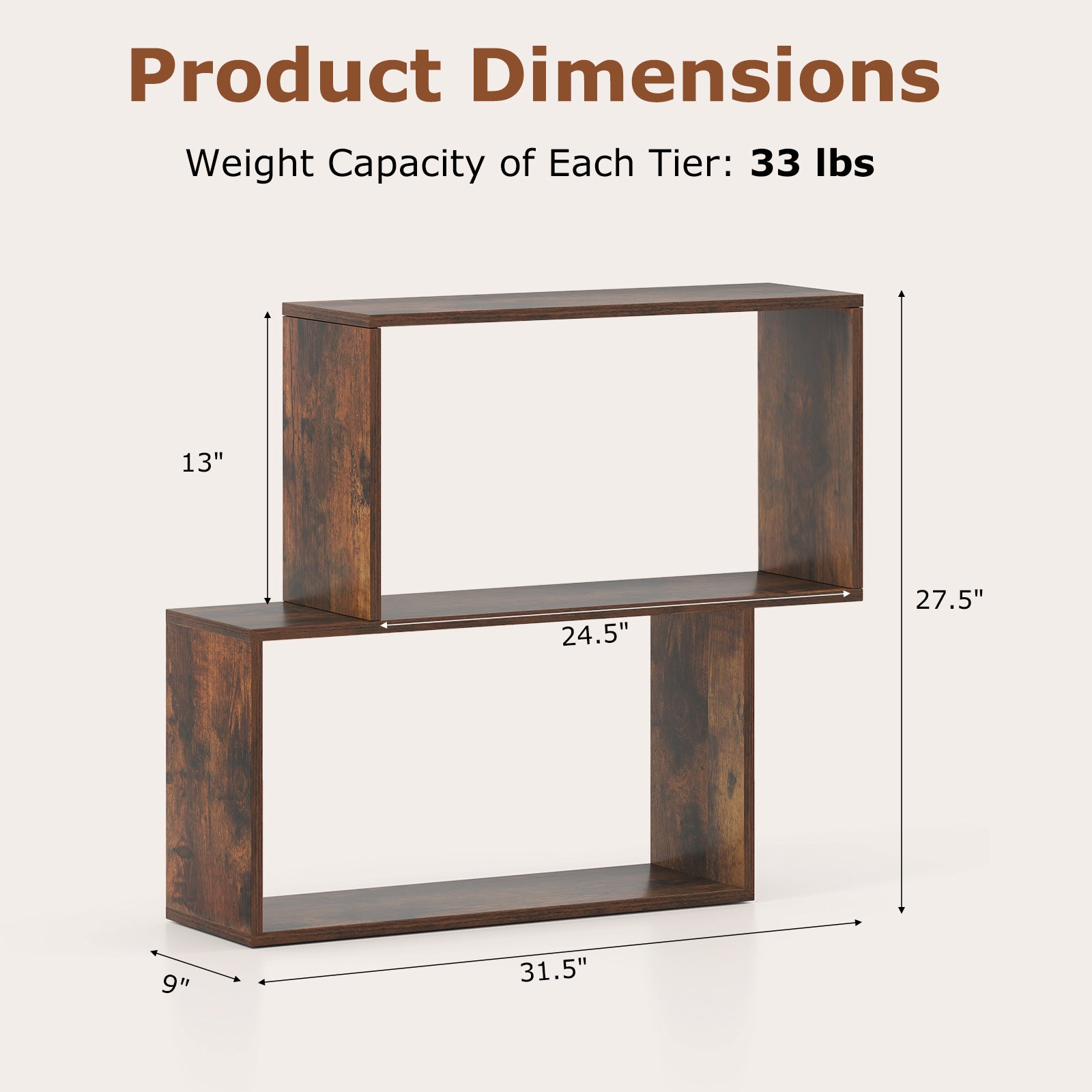 3-Tier Geometric Bookshelf with 2 Cubic Compartments, Brown Bookcases at Gallery Canada