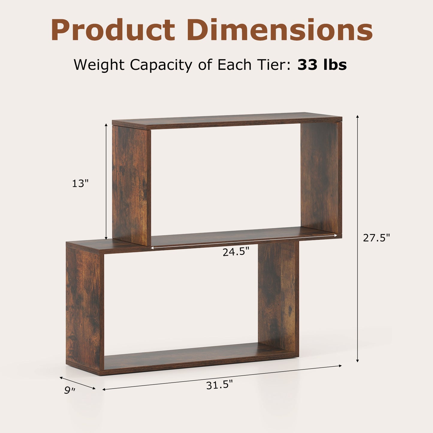 3-Tier Geometric Bookshelf with 2 Cubic Compartments, Brown Bookcases at Gallery Canada