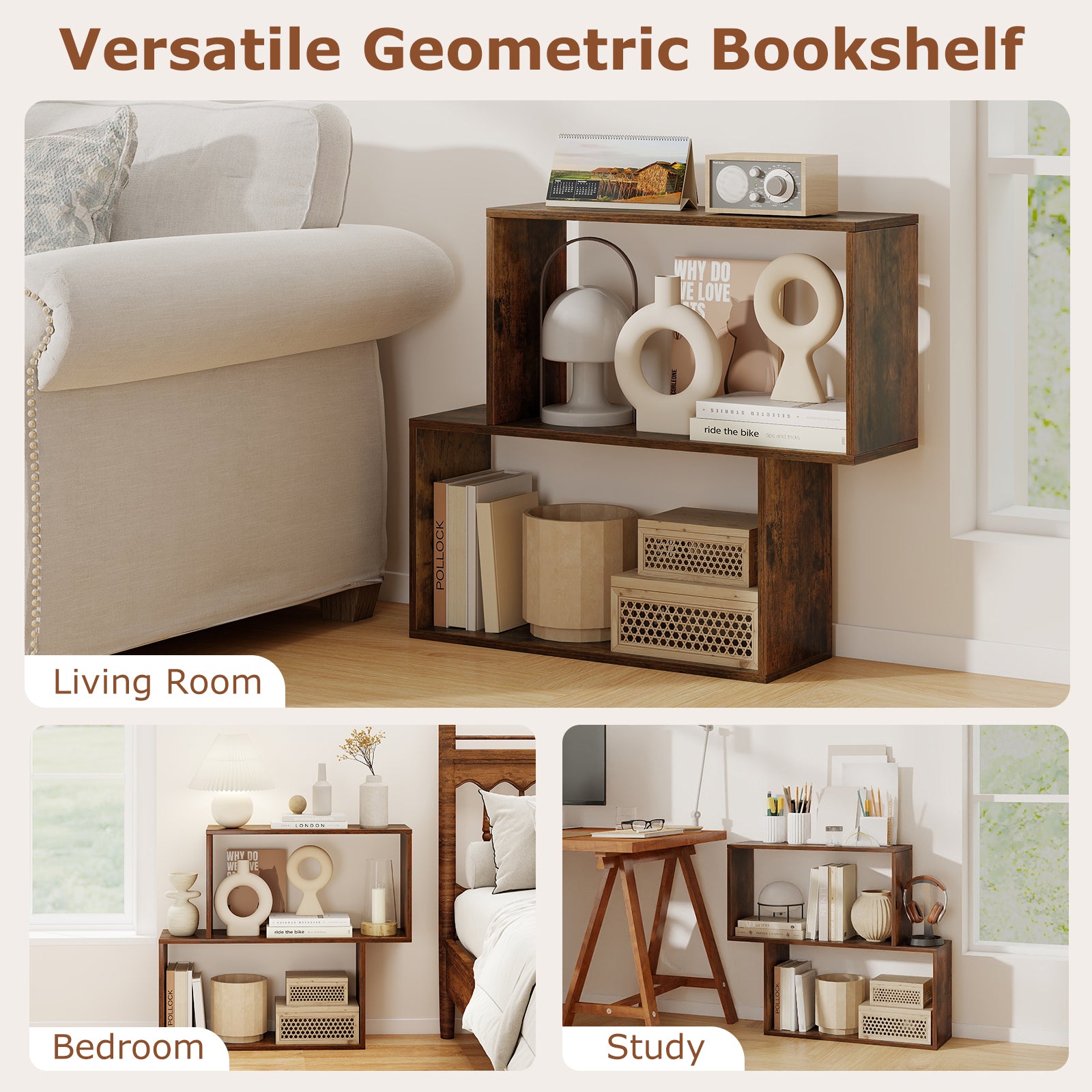 3-Tier Geometric Bookshelf with 2 Cubic Compartments, Brown Bookcases at Gallery Canada