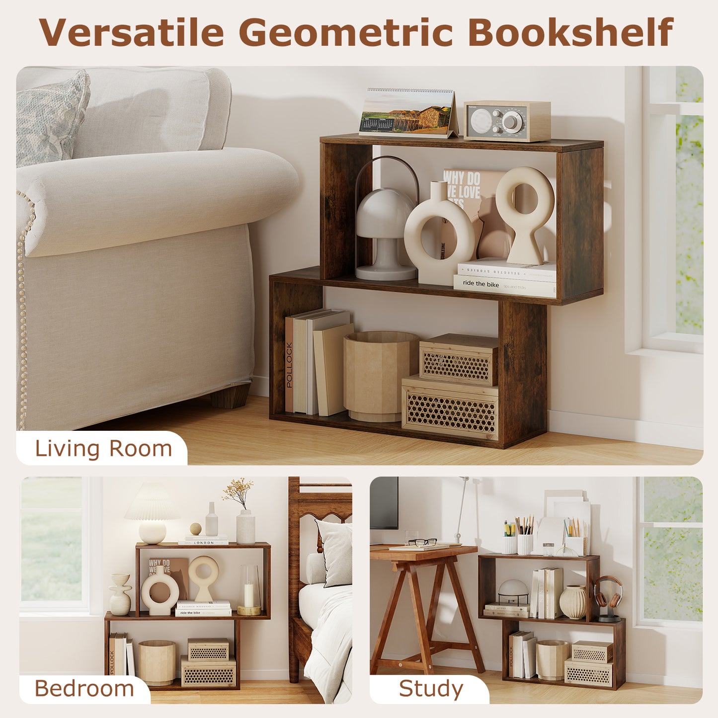 3-Tier Geometric Bookshelf with 2 Cubic Compartments, Brown Bookcases at Gallery Canada