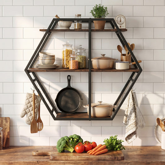 3-Tier Geometric Bookcase With S-Shaped Hooks, Rustic Brown Bookcases Rustic Brown at Gallery Canada