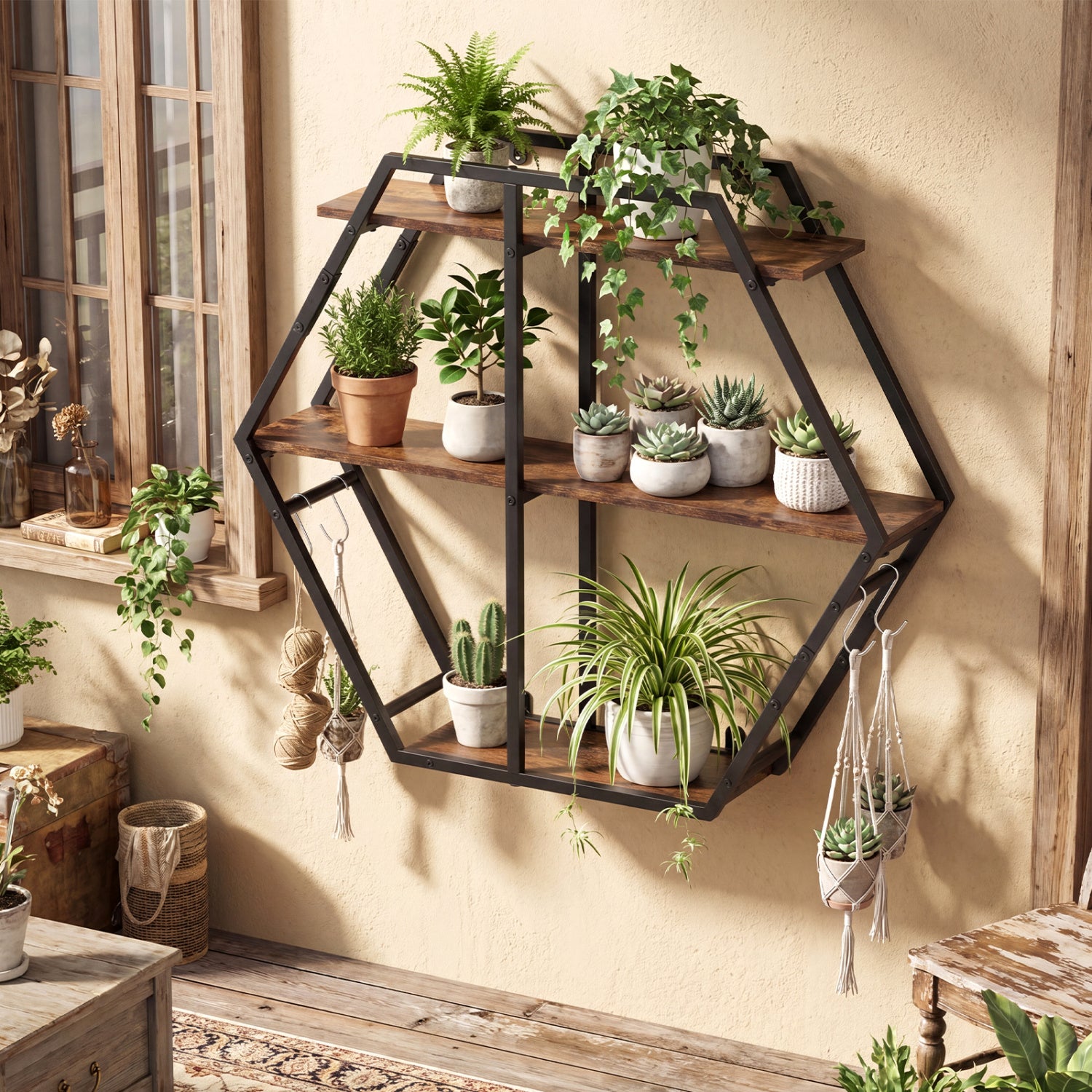 3-Tier Geometric Bookcase With S-Shaped Hooks, Rustic Brown Bookcases at Gallery Canada