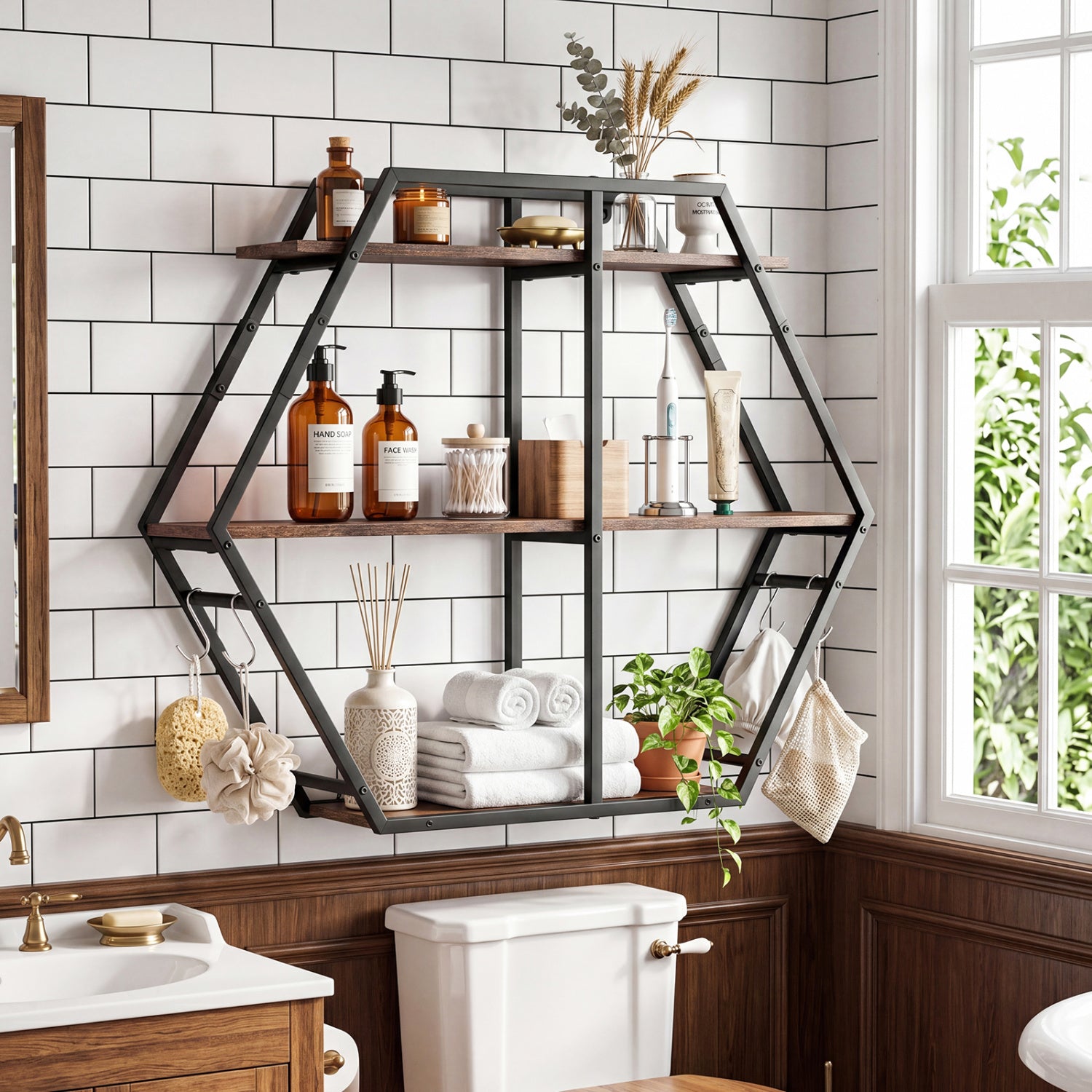 3-Tier Geometric Bookcase With S-Shaped Hooks, Rustic Brown Bookcases at Gallery Canada
