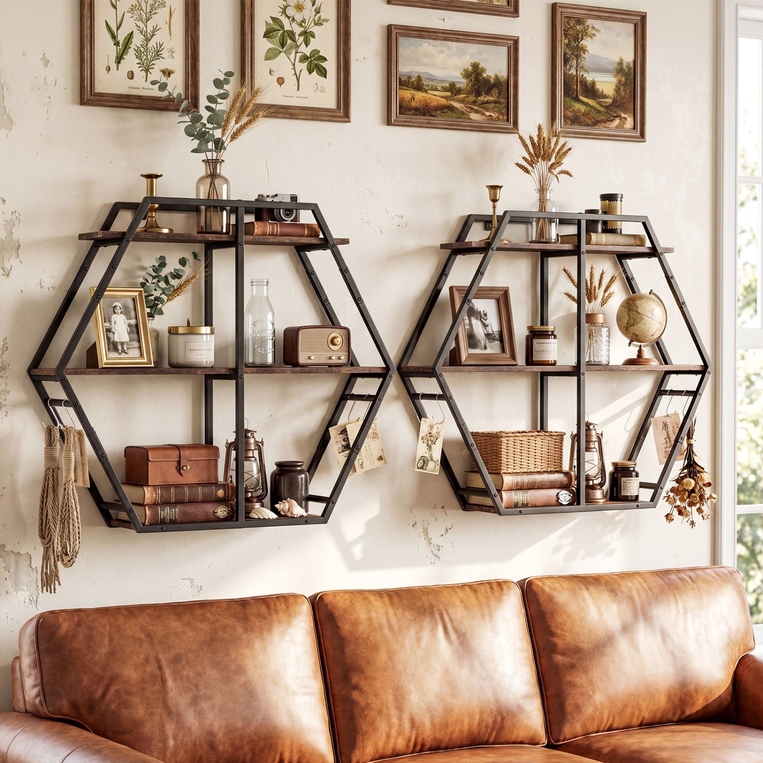 3-Tier Geometric Bookcase With S-Shaped Hooks, Rustic Brown Bookcases at Gallery Canada
