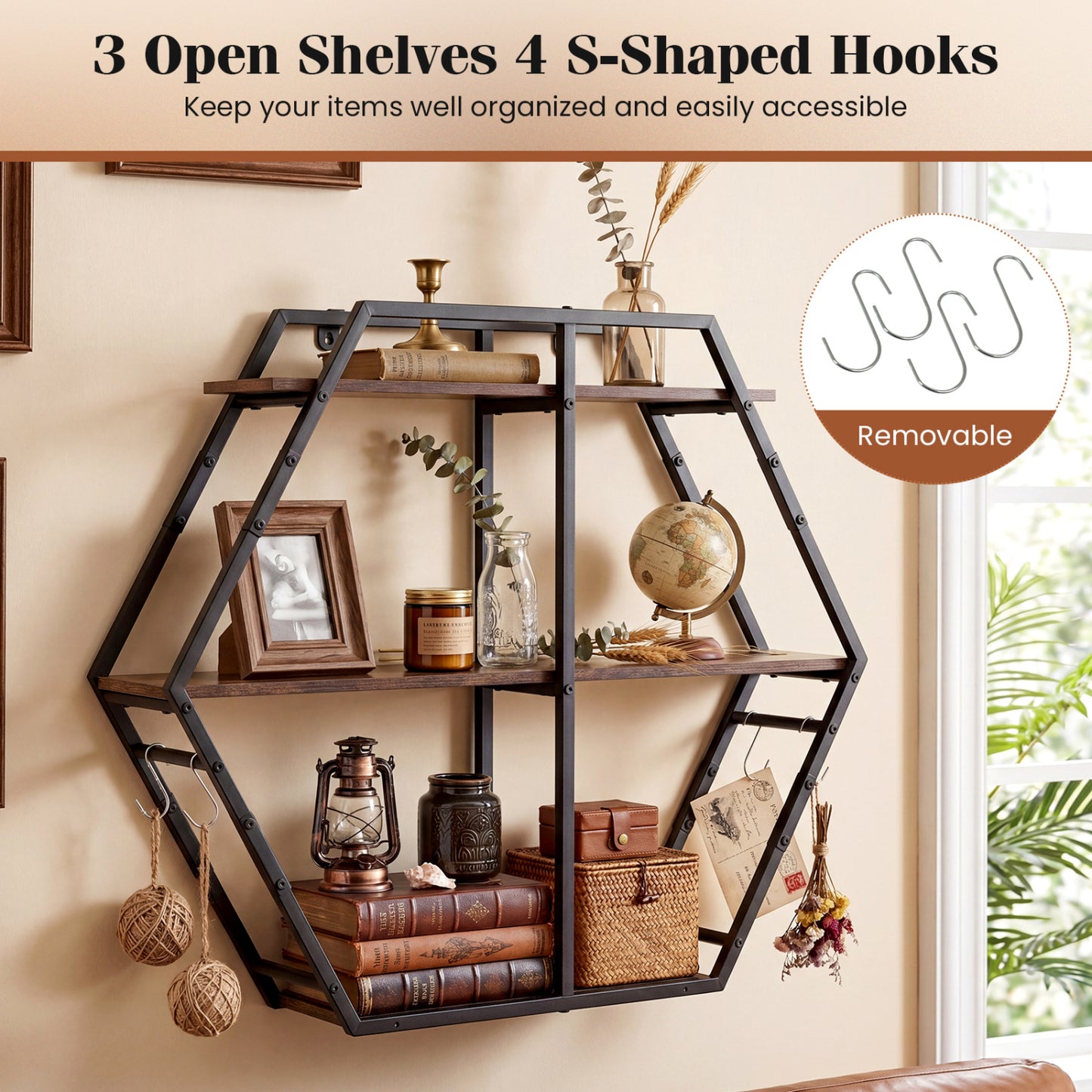 3-Tier Geometric Bookcase With S-Shaped Hooks, Rustic Brown Bookcases at Gallery Canada