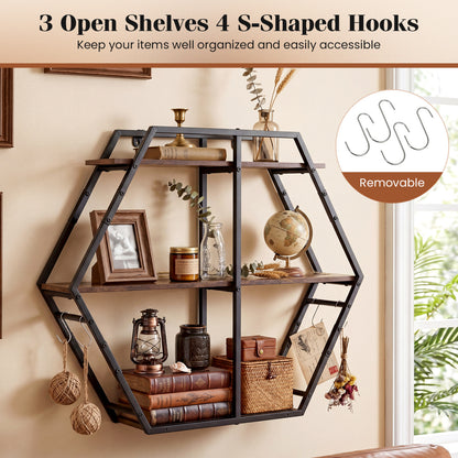 3-Tier Geometric Bookcase With S-Shaped Hooks, Rustic Brown Bookcases at Gallery Canada
