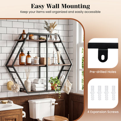 3-Tier Geometric Bookcase With S-Shaped Hooks, Rustic Brown Bookcases at Gallery Canada