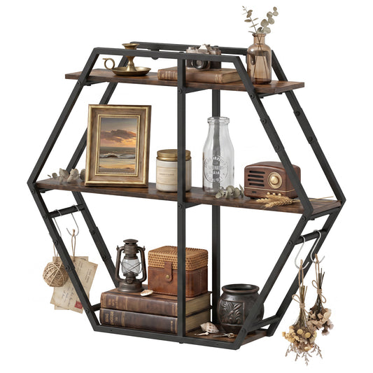 3-Tier Geometric Bookcase With S-Shaped Hooks, Rustic Brown Bookcases Rustic Brown at Gallery Canada