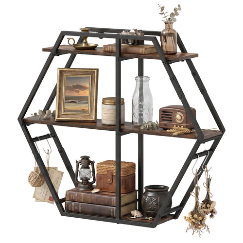 3-Tier Geometric Bookcase With S-Shaped Hooks, Rustic Brown