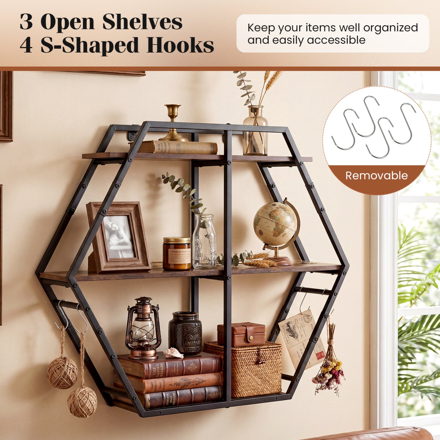 3-Tier Geometric Bookcase With S-Shaped Hooks, Rustic Brown Bookcases at Gallery Canada