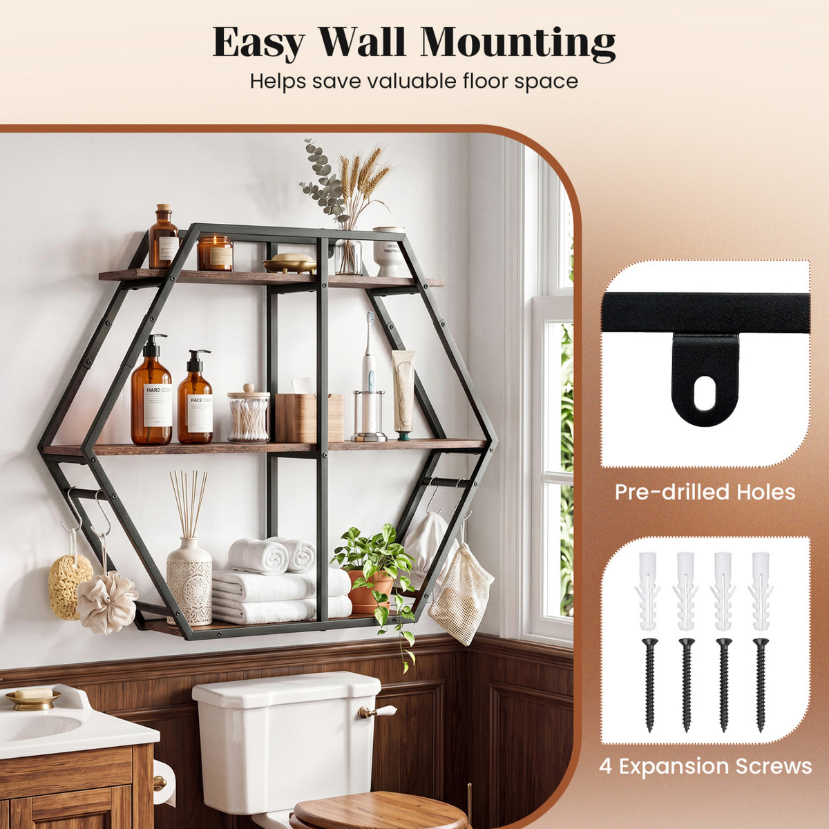 3-Tier Geometric Bookcase With S-Shaped Hooks, Rustic Brown Bookcases at Gallery Canada