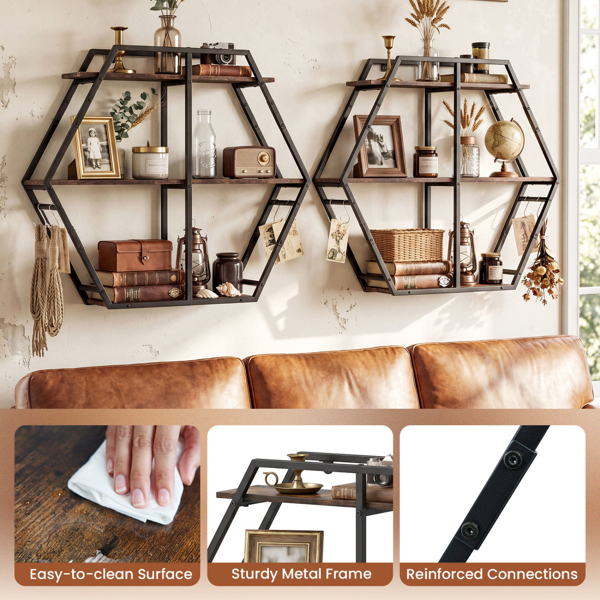 3-Tier Geometric Bookcase With S-Shaped Hooks, Rustic Brown Bookcases at Gallery Canada