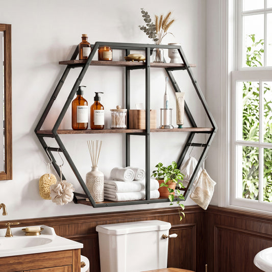 3-Tier Geometric Bookcase With S-Shaped Hooks, Rustic Brown Bookcases Rustic Brown at Gallery Canada