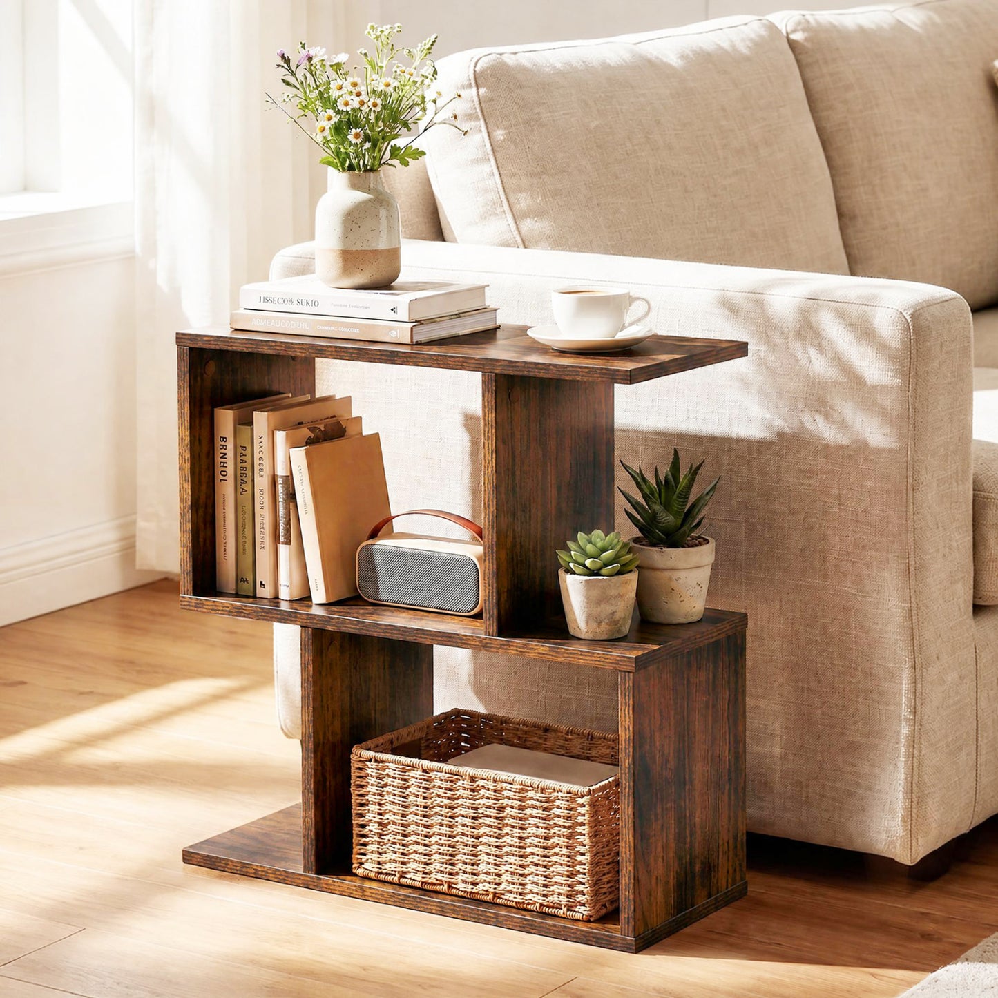 Étagère à géométrie en 3 niveaux, table d'appoint, lot de 2, brun