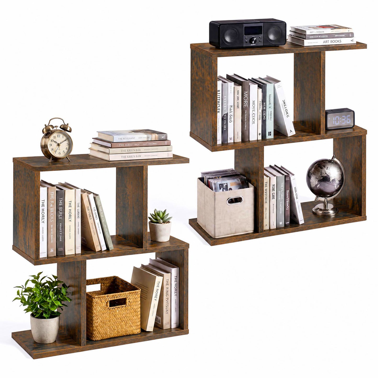 Étagère à géométrie en 3 niveaux, table d'appoint, lot de 2, brun