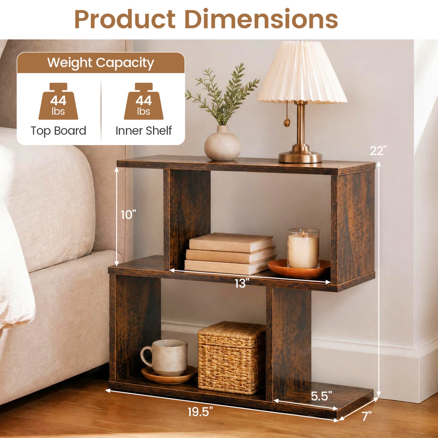 Étagère à géométrie en 3 niveaux, table d'appoint, lot de 2, brun