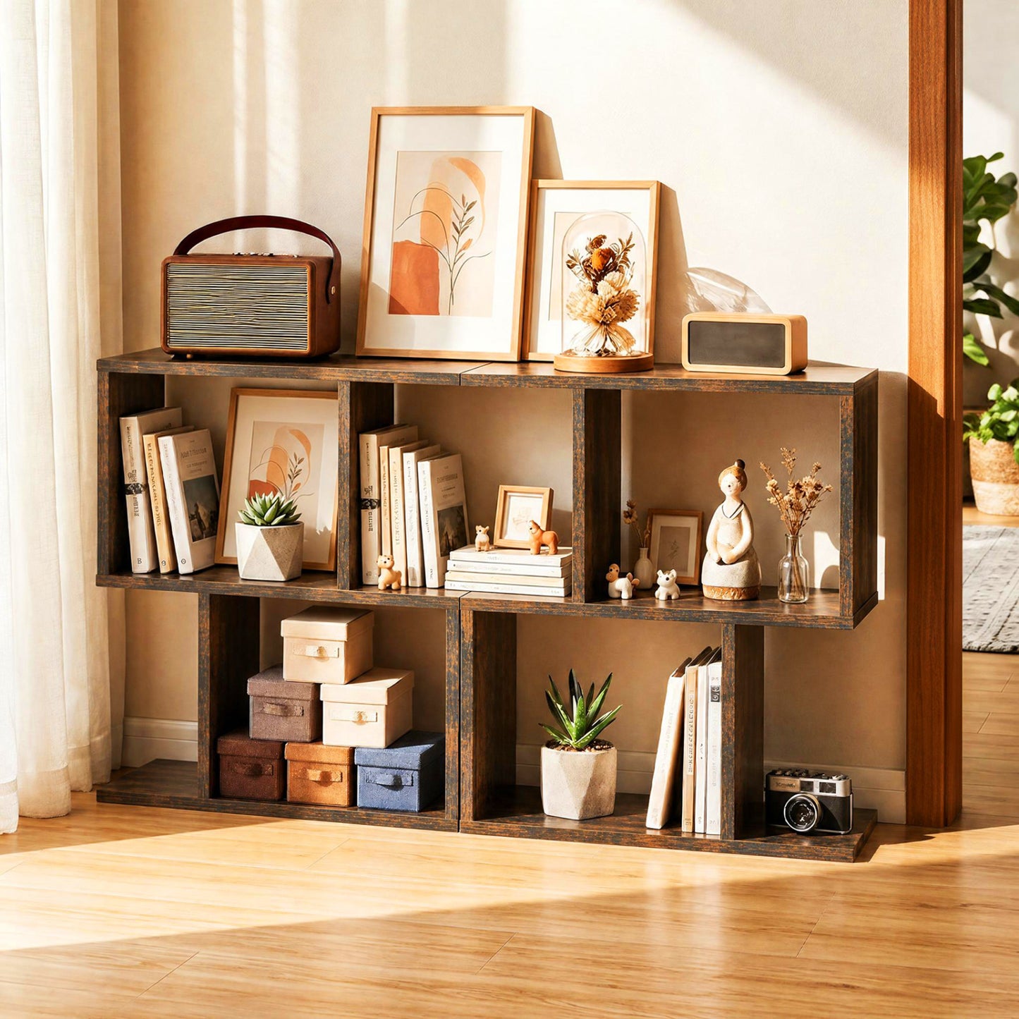 Étagère à géométrie en 3 niveaux, table d'appoint, lot de 2, brun