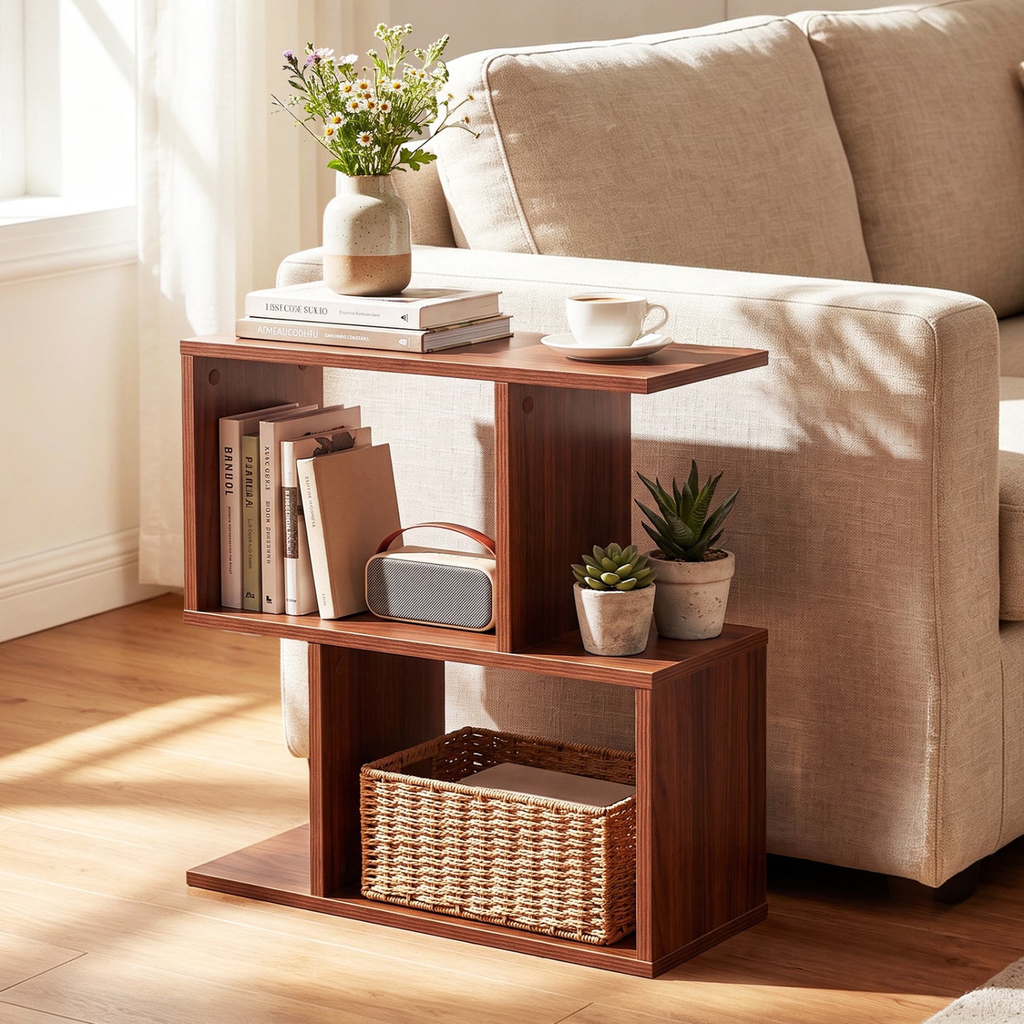 3-Tier Geometric Bookshelf Display Shelf Table, Set of 2, Walnut