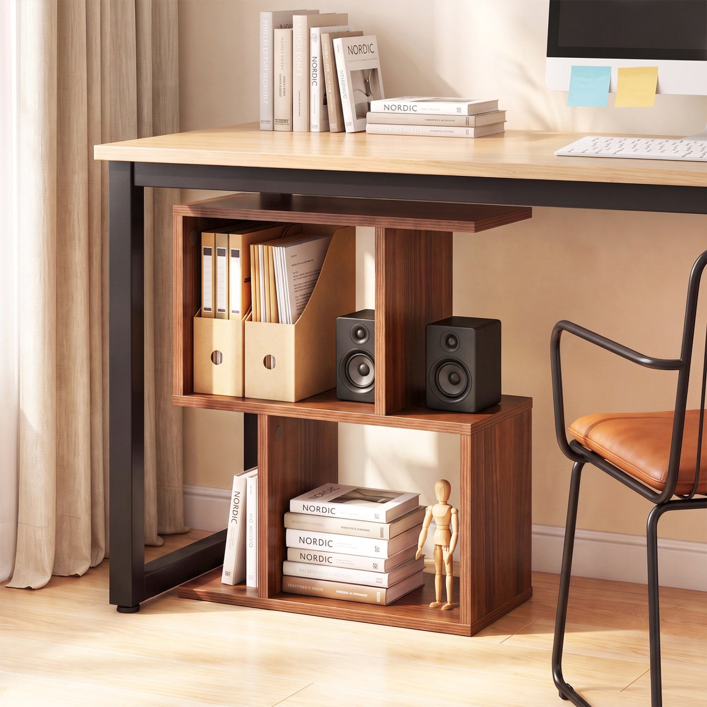 3-Tier Geometric Bookshelf Display Shelf Table, Set of 2, Walnut